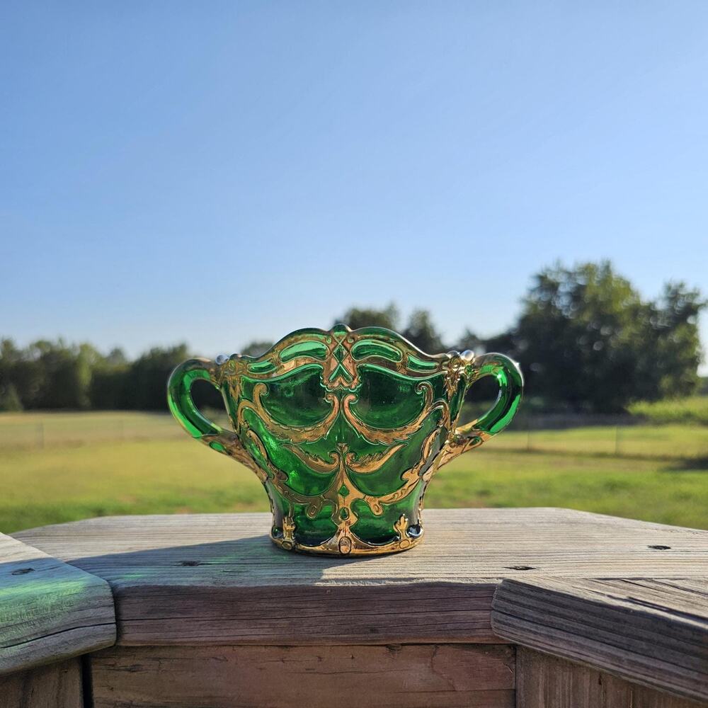 Vintage Dugan Glass Emerald Green and Gold Maple Leaf Open Sugar Bowl